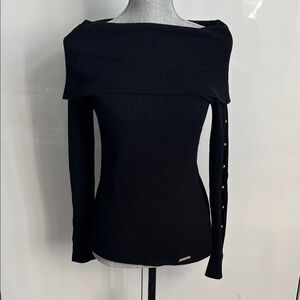 MICHAEL KORS Black Off-Shoulder Sweater Gold Grommet Cutout Arms, Size M